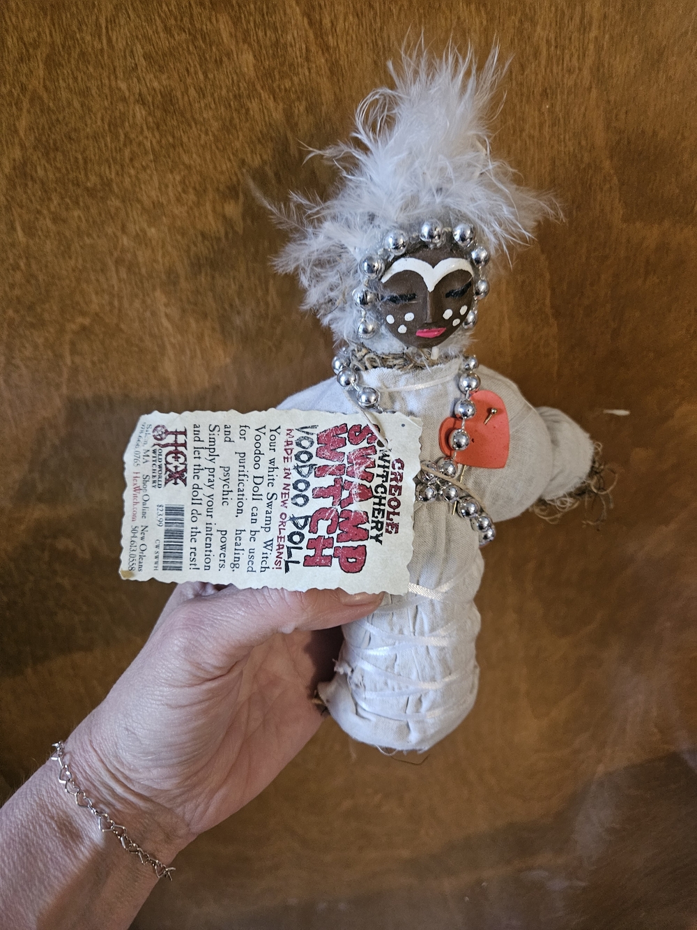 Creole Witchery White Feathered Swamp Witch Voodoo Doll with Red Heart Accent